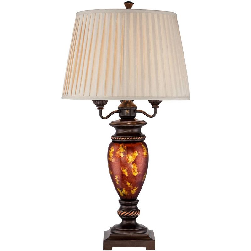Barnes and Ivy Traditional Table Lamp Bronze Metal Urn Tortoise Shell Glass Off White Pleated Shade for Living Room Family Bedroom