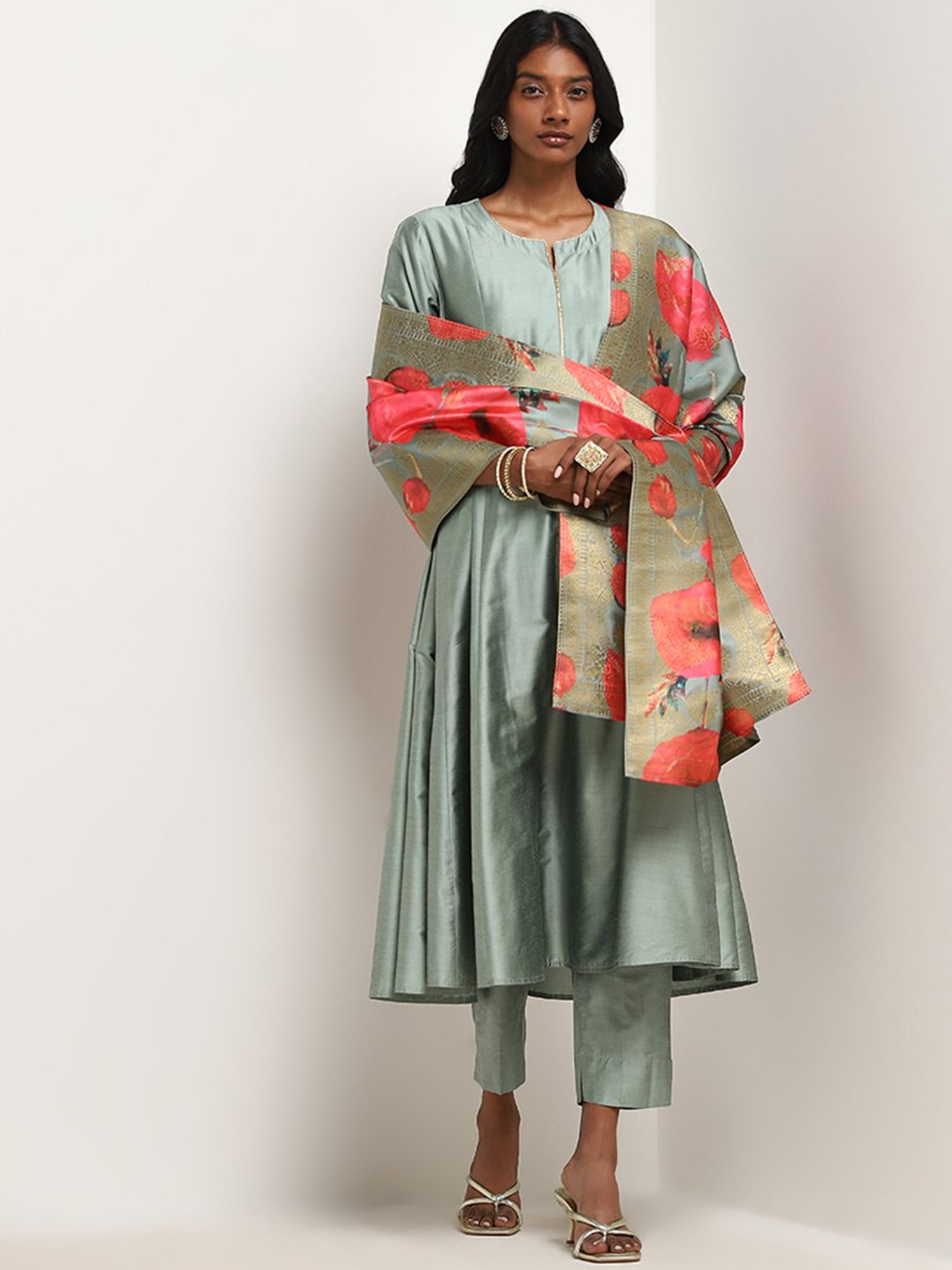 Vark by Westside Sage Floral Printed A-Line Kurta, Pants & Dupatta Set