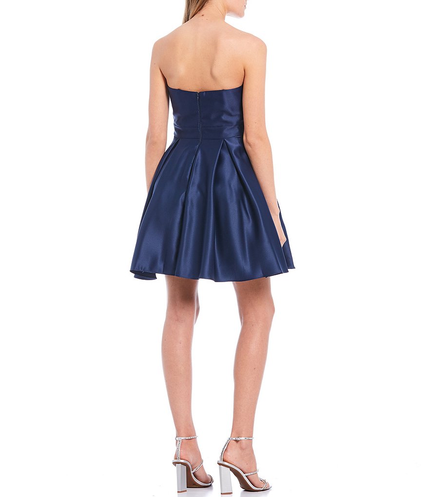 Blondie Nites Strapless Sweetheart-Neck Embellished Buckle Belted Waist Satin Fit-and-Flare Dress