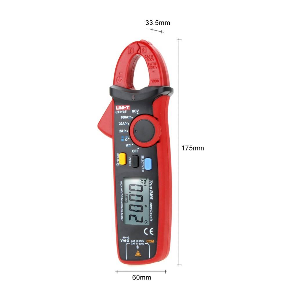 UNI-T UT210E Mini Digital Handheld Clamp Multimeter Backlight LCD True RMS Voltmeter Ammeter Ohmmeter AC/DC Voltage Current Capacitance Resistance NCV Continuity Test Diode Tester with Storage Bag