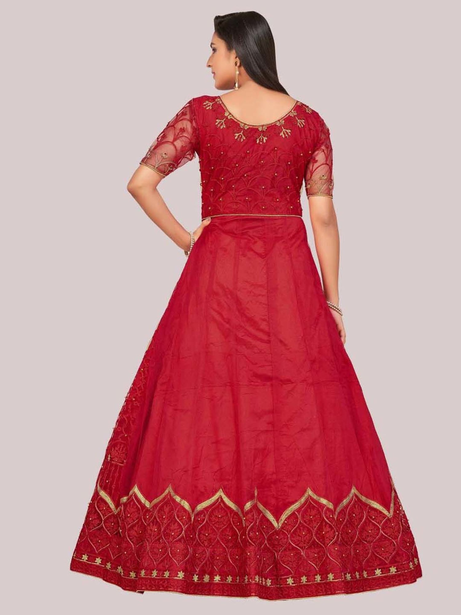 Warthy Ent Red Embroidered Semi Stitched Dress Material