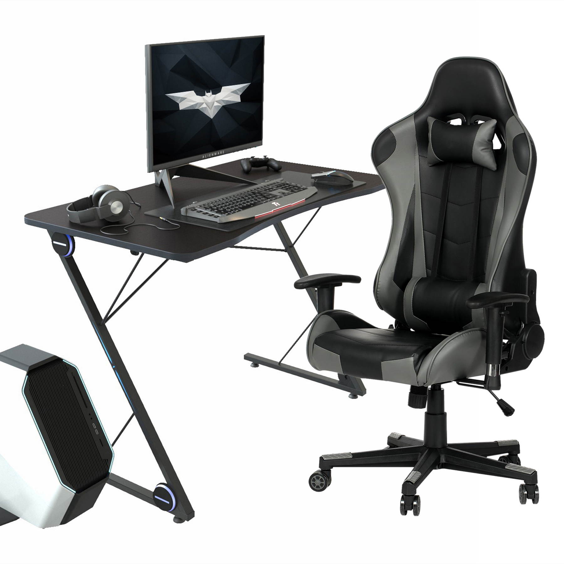 43.3 Inch Gaming Desk with Adjusted Reclining PU Leather Gaming Chair Ergonomic Home Office Desk and Chair Set Z-Shaped E-Sport Gamer Workstation with LED Lights Carbon Fiber Surface and Cup Holder