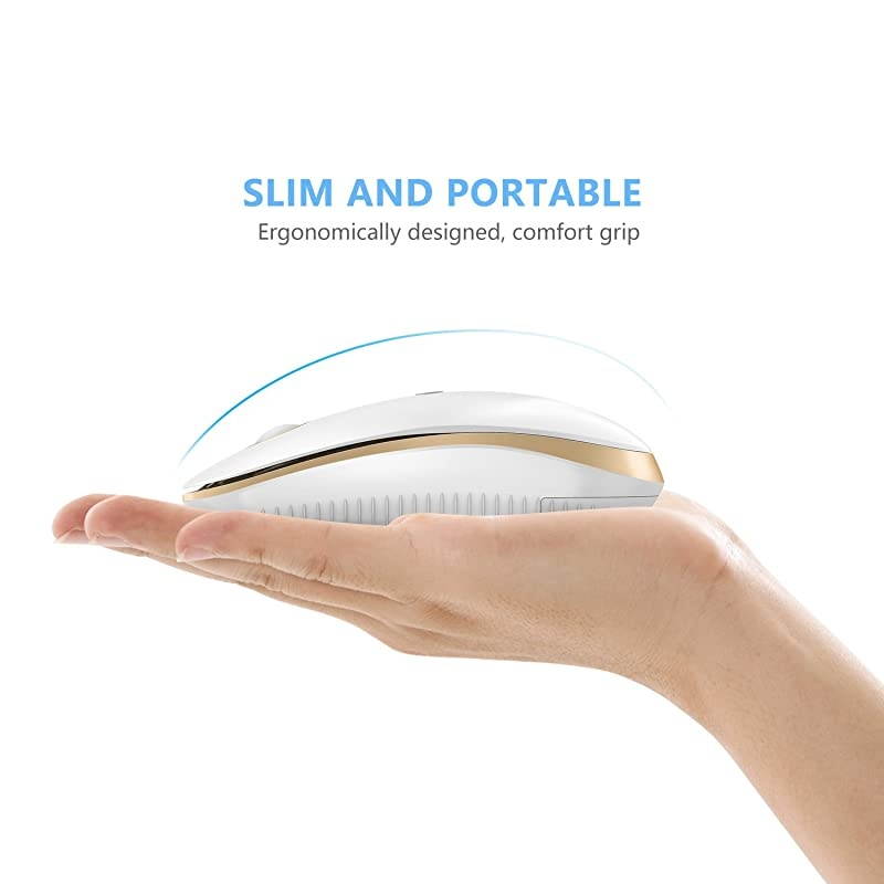 2.4GHz Wireless Bluetooth Mouse,  Dual Mode Slim Wireless Mouse with 2400 DPI Compatible for PC, Laptop, Mac, Android, Windows (White and Gold)