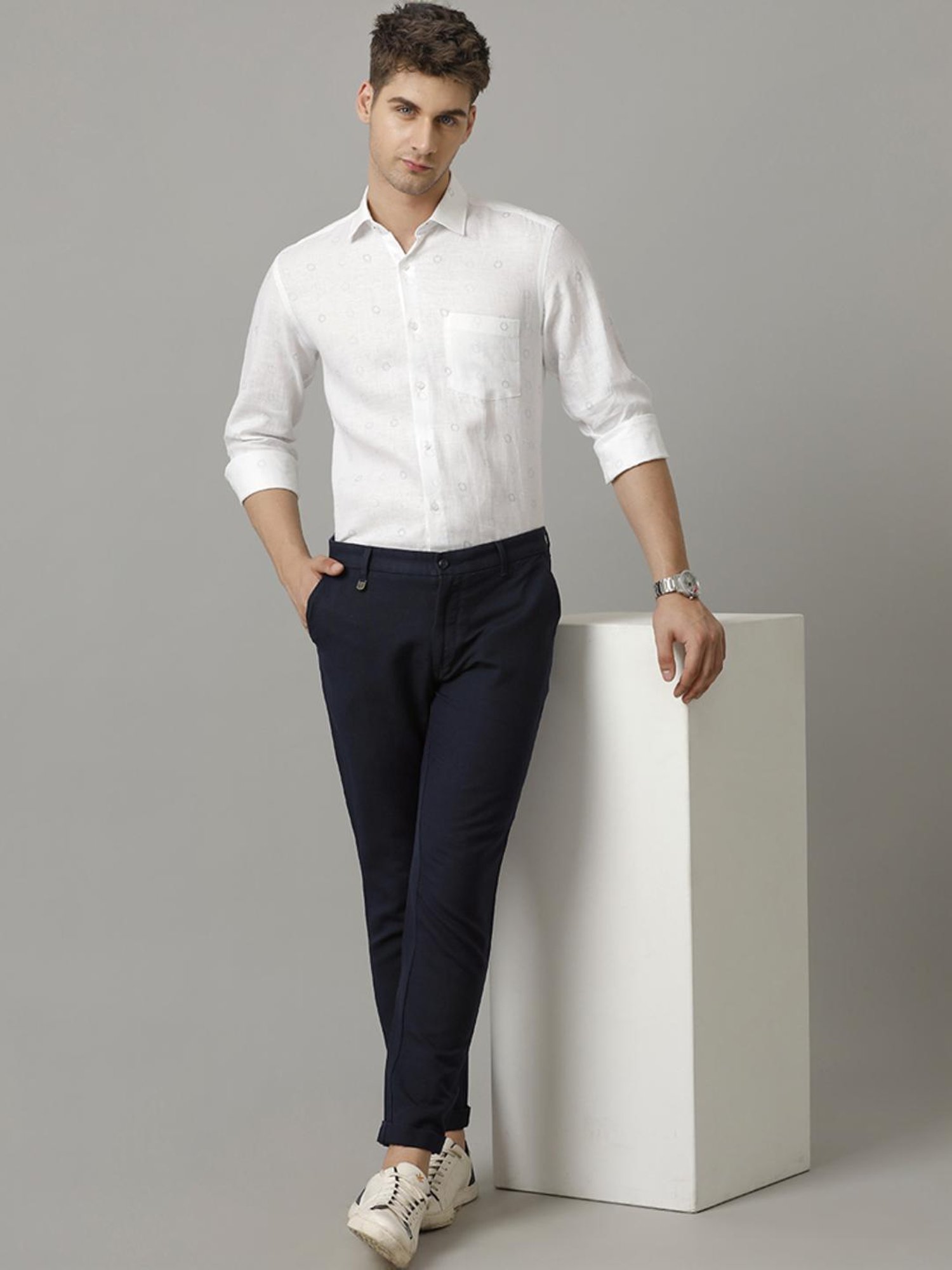 Linen Club White Linen Contemporary Fit Printed Shirt