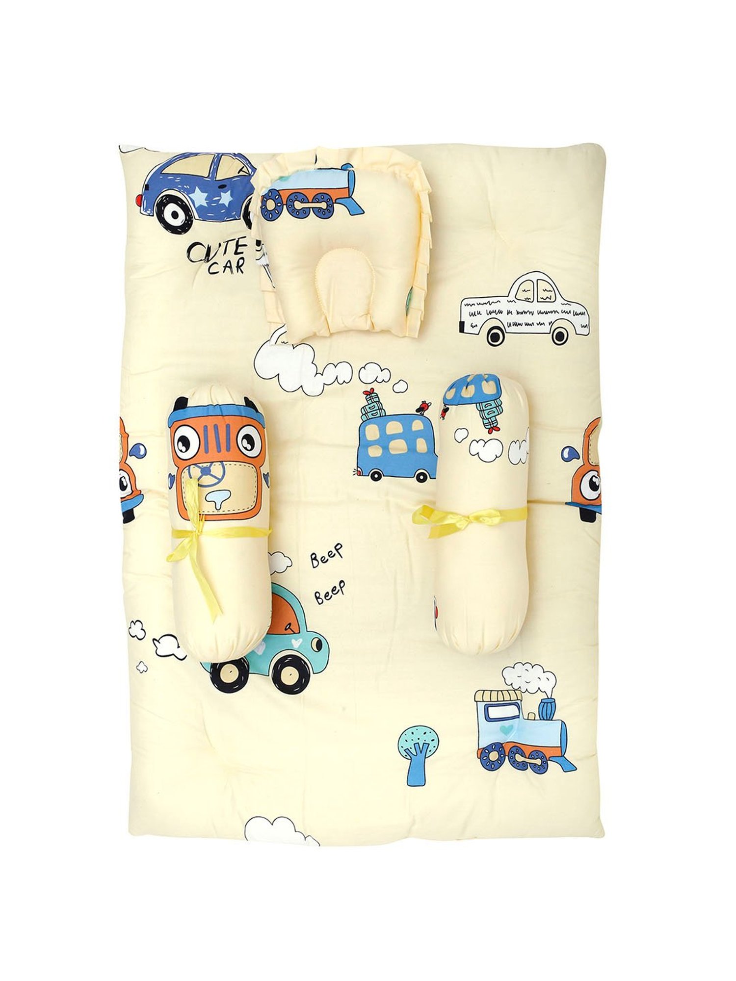 Baby Moo Vintage Ride Yellow Mattress Set with Neck Pillow and Bolsters
