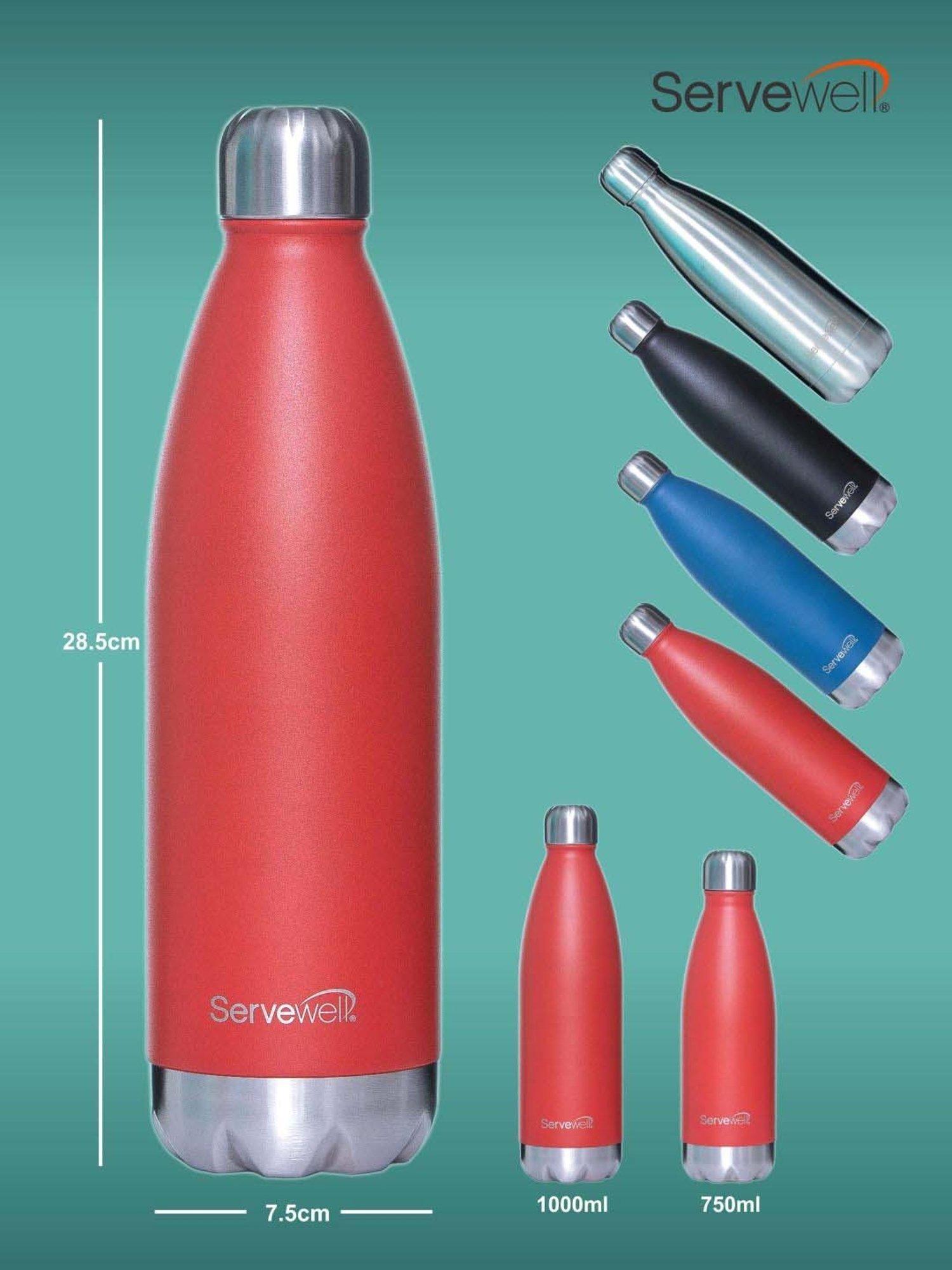 Servewell Fuji Red Steel Bali Single Wall Water Bottle (1 L)
