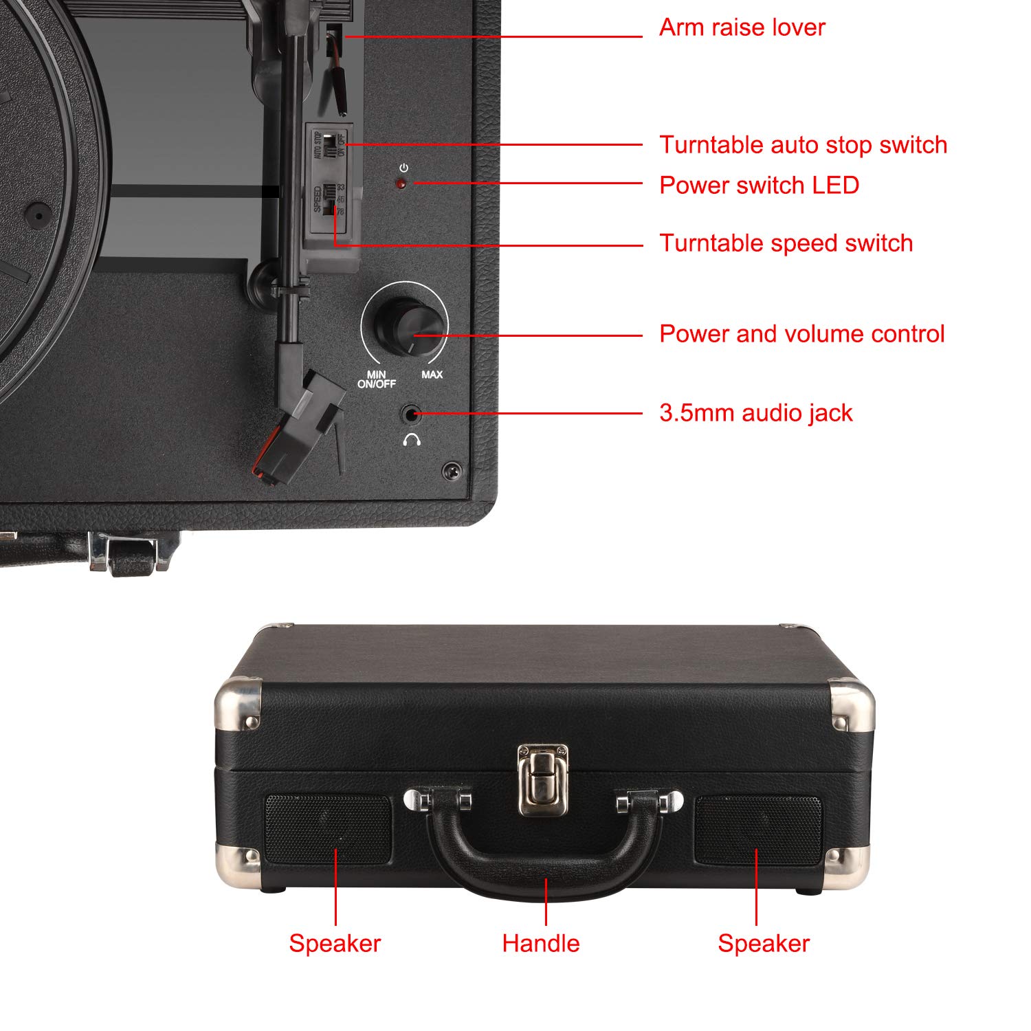 DIGITNOW Turntable Record Player 3speeds with Built-in Stereo Speakers, Supports USB / RCA Output / Headphone Jack / MP3 / Mobile Phones Music Playback,Suitcase Design(Black)