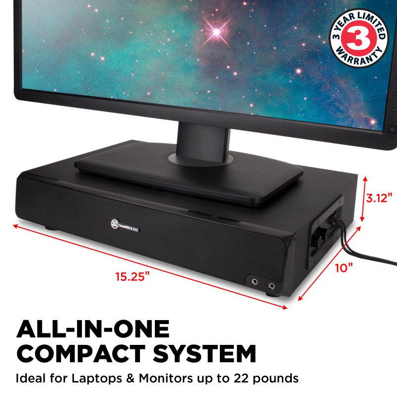 GOgroove USB Computer Speaker and Monitor Stand - SonaVERSE BSE Sound Base with Built-in Subwoofer and 3" Desk Monitor Riser 2-in-1 System, Microphone and Headphone Jack, Volume and Bass Controls