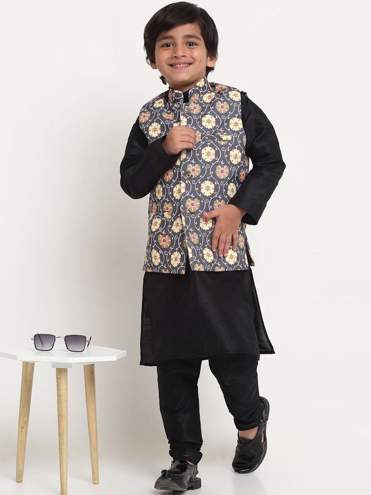 Benstoke Kids Black & Yellow Printed Nehru Jacket