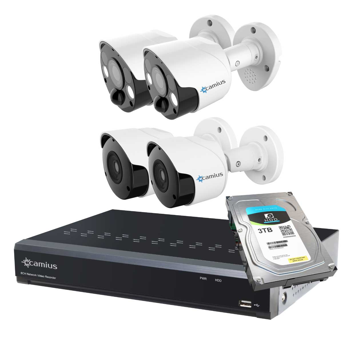 Camius 4K 8 Channel NVR Security System with 3TB HDD, Two 4K PoE Spotlight Cameras (2-way audio, siren), 2 pcs 5MP PoE Bullet IP Cameras (Built-in microphone), color night vision 8P2S82B3TS