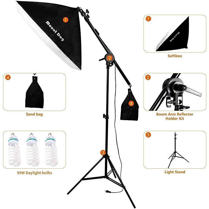 Photography Studio Softbox Lighting Kit Continuous Lighting System Photo with 3pcs E27 95W Bulbs Arm Holder Photo Video Soft Box Lighting Set for YouTube Filming Portrait Shooting