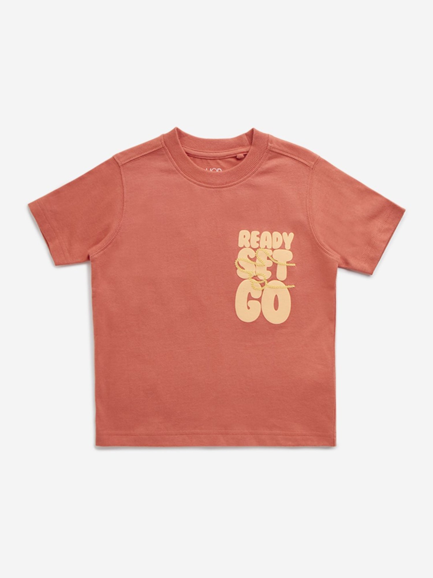 HOP Kids by Westside Dusty Orange Text-Printed Cotton T-Shirt
