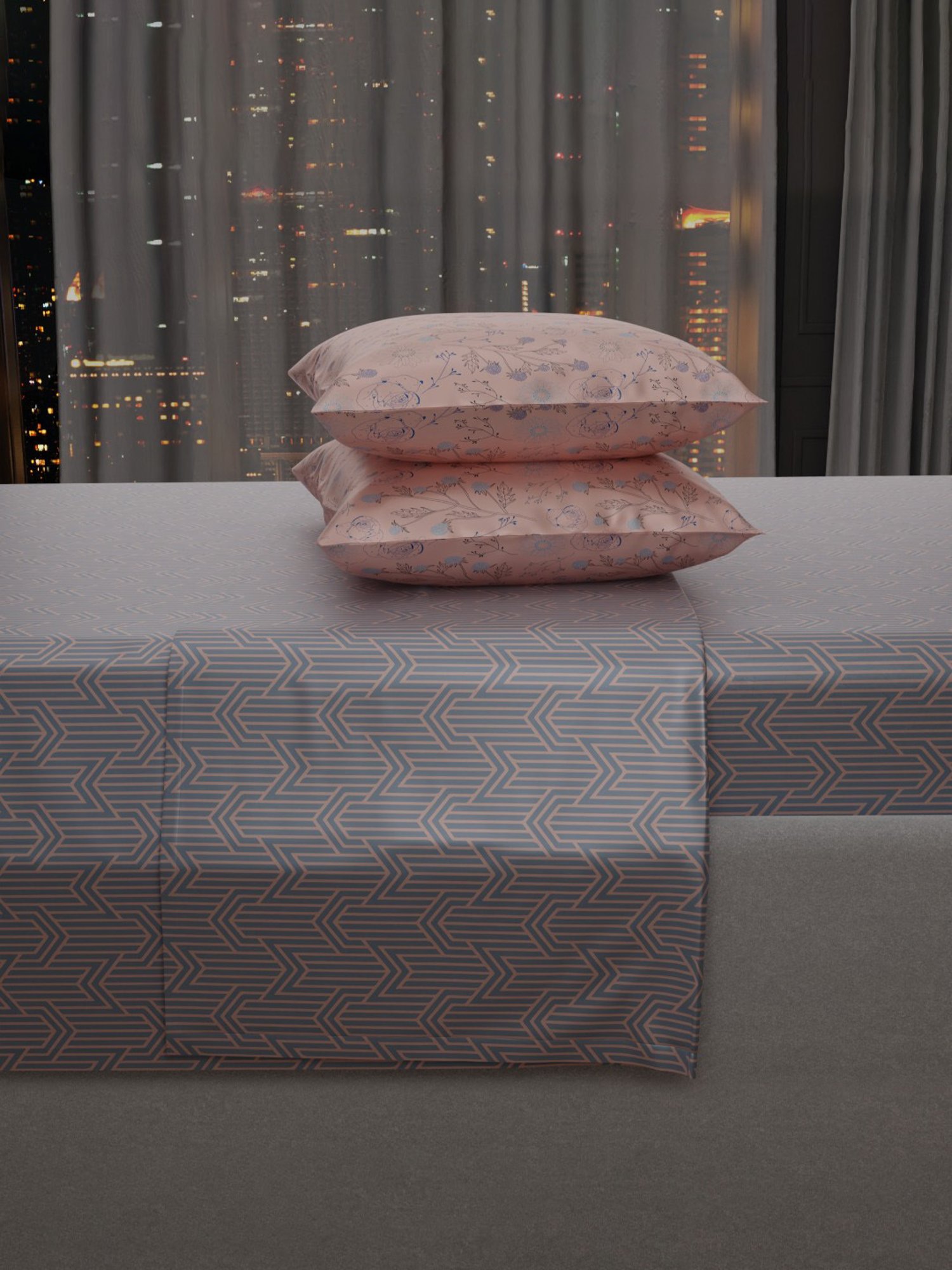 Stoa Paris Elegance Grey Polyester 300 TC Sateen King Size Bed Sheet With 2 Pillow Covers