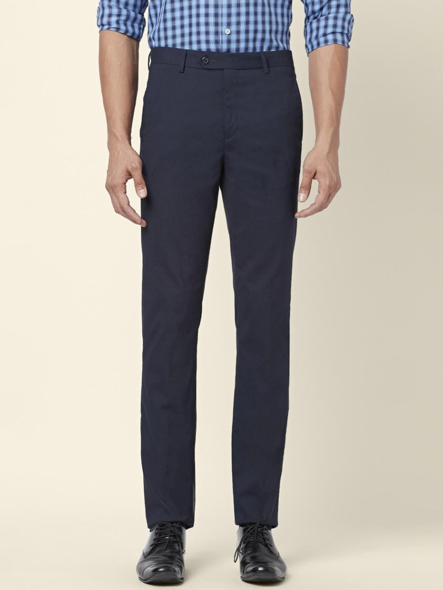 Byford By Pantaloons Navy Slim Fit Self Pattern Trousers