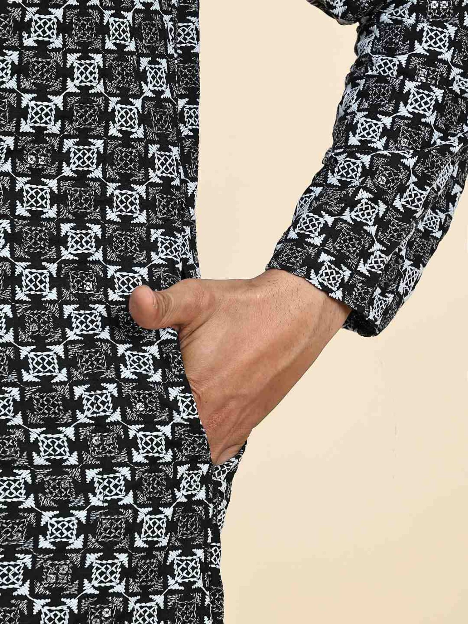 Pro-Ethic Style Developer Black & White Cotton Regular Fit Embellished Kurta Bottom Set