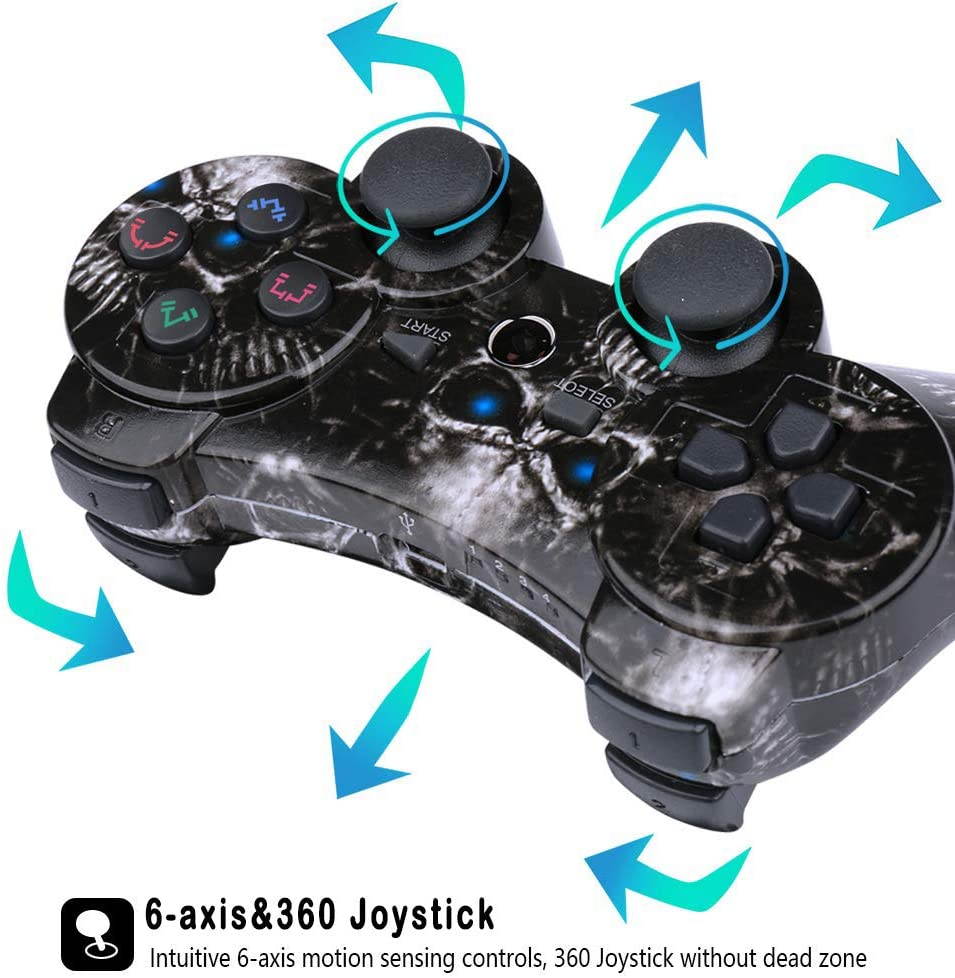 Bluetooth PS3 Controller Wireless Dual Shock Gamepad for Sony Playstation 3 with Charging Cord (Skull)