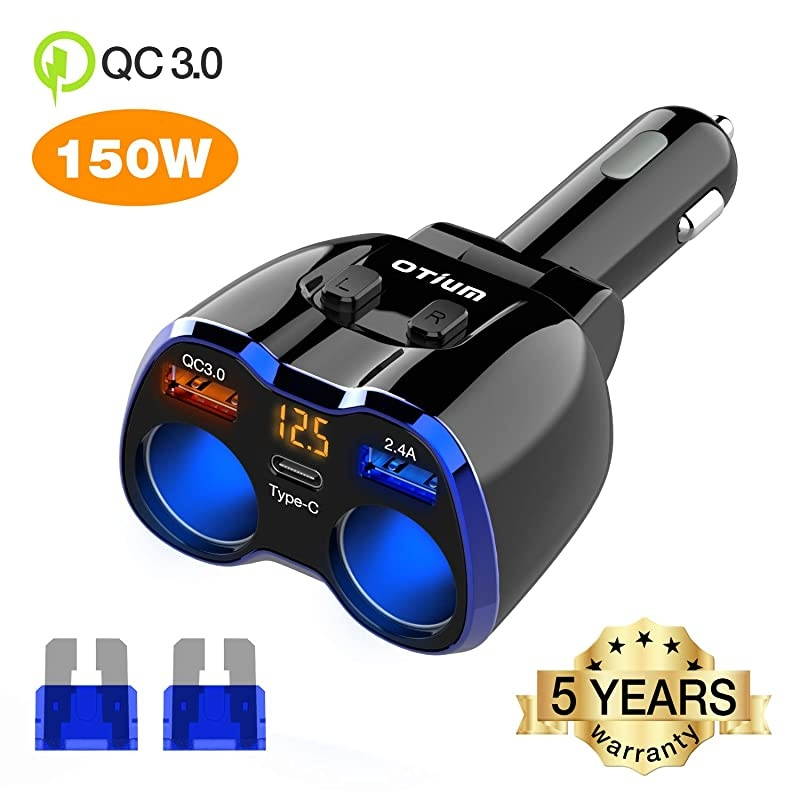 Car Charger  150W 2Socket Cigarette Lighter Splitter QC 30 Dual USB Ports 1 USB C Fast Car Adapter with Separate Switch LED Voltmeter Replaceable 15A Fuse Compatible GPSDash CamiPhone11iPad