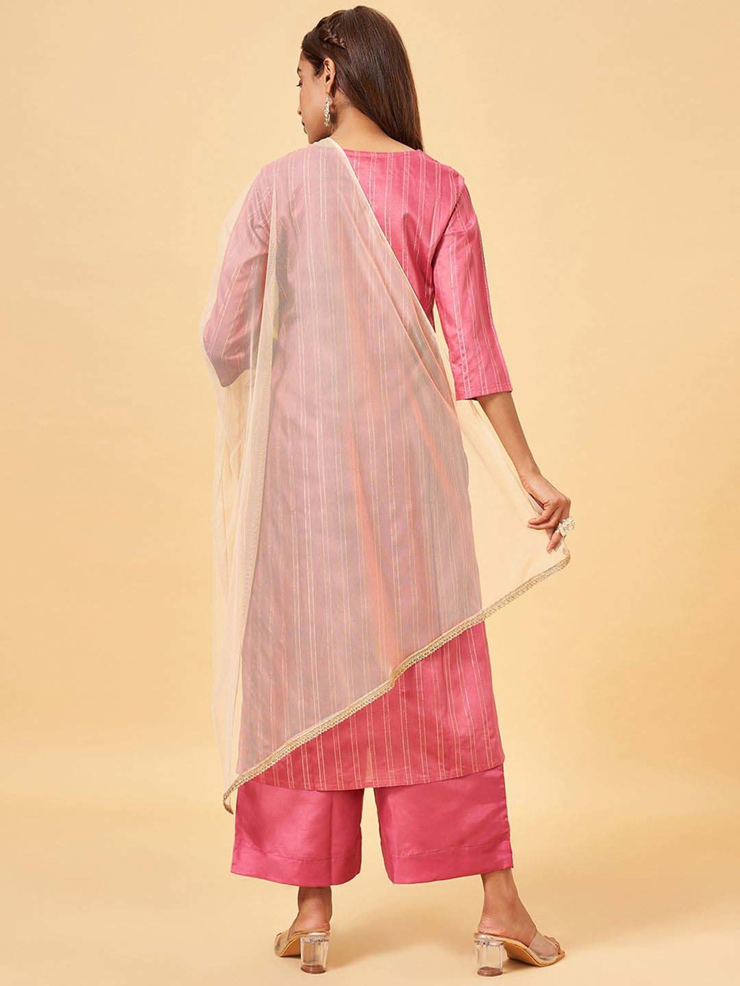 Rangmanch by Pantaloons Pink Cotton Embroidered Kurta Palazzo Set With Dupatta