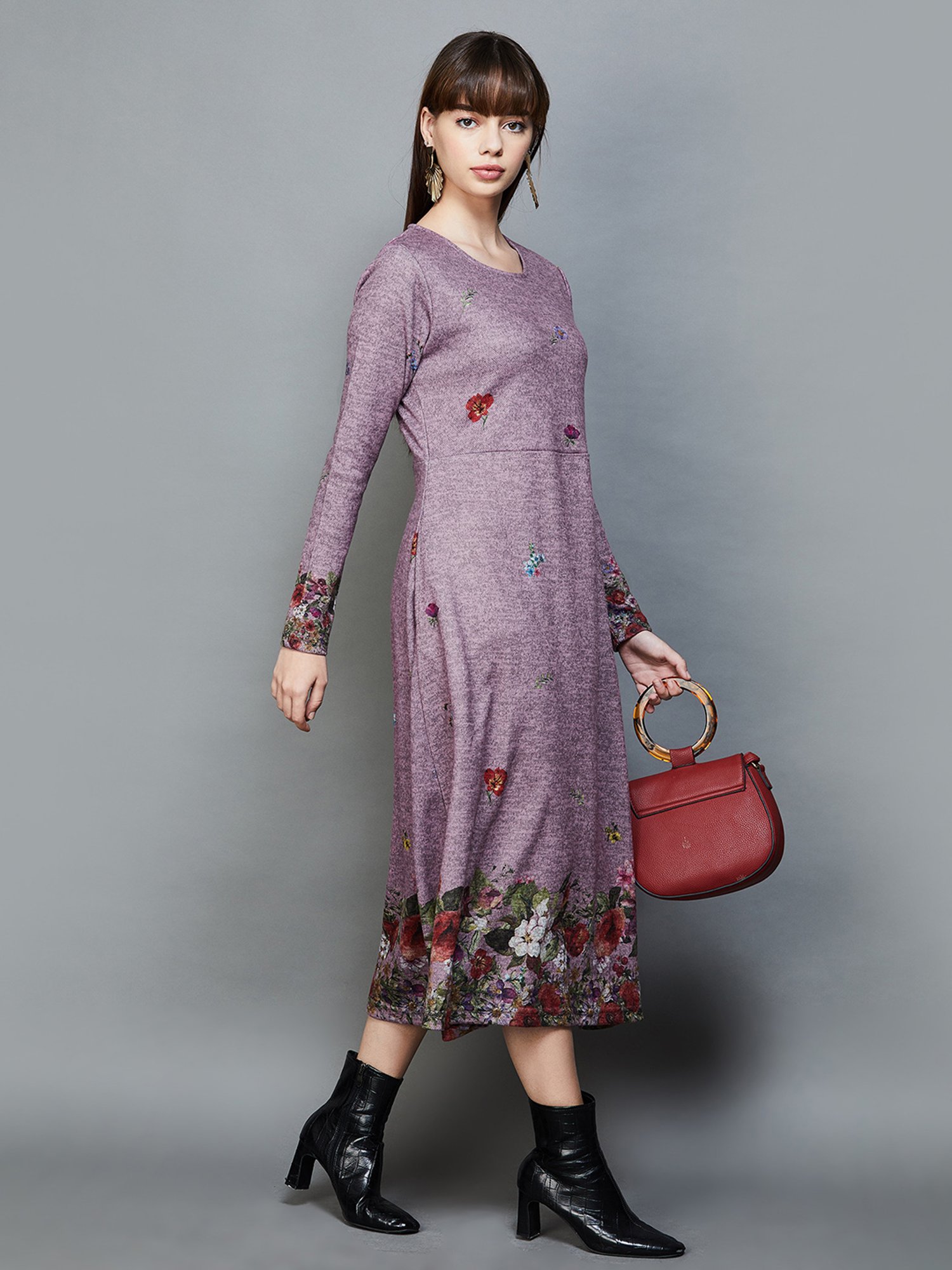 Colour Me by Melange Purple Floral Print A-Line Dress