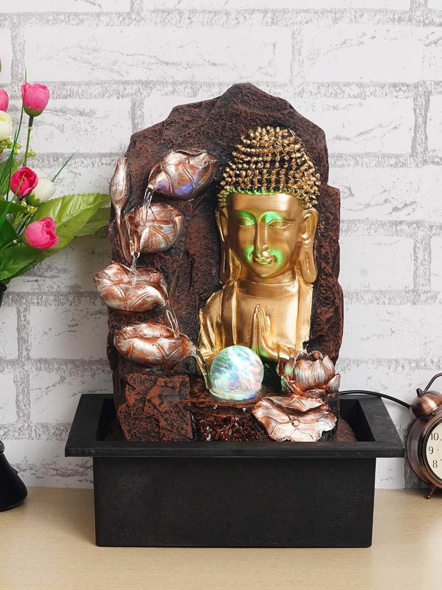 CHRONIKLE Brown & Golden Polyresin Buddha 4 Artistic Steps Waterfall Fountain