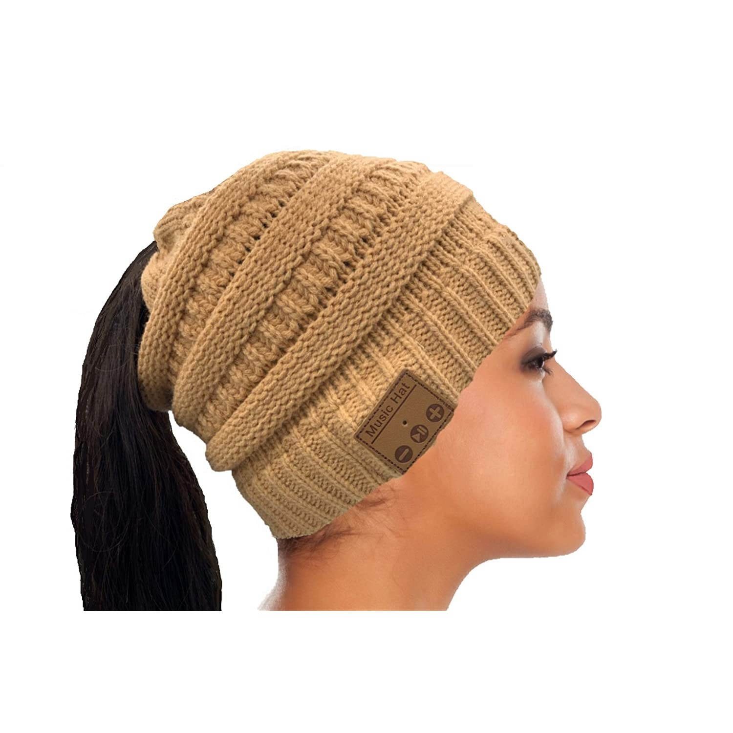 Bluetooth Beanie Hat Bluetooth 5.0v Wireless Headsets Ponytail Design, HI-FI Sound, Built-in Mic, Hand Free Calling, Long Battery Life