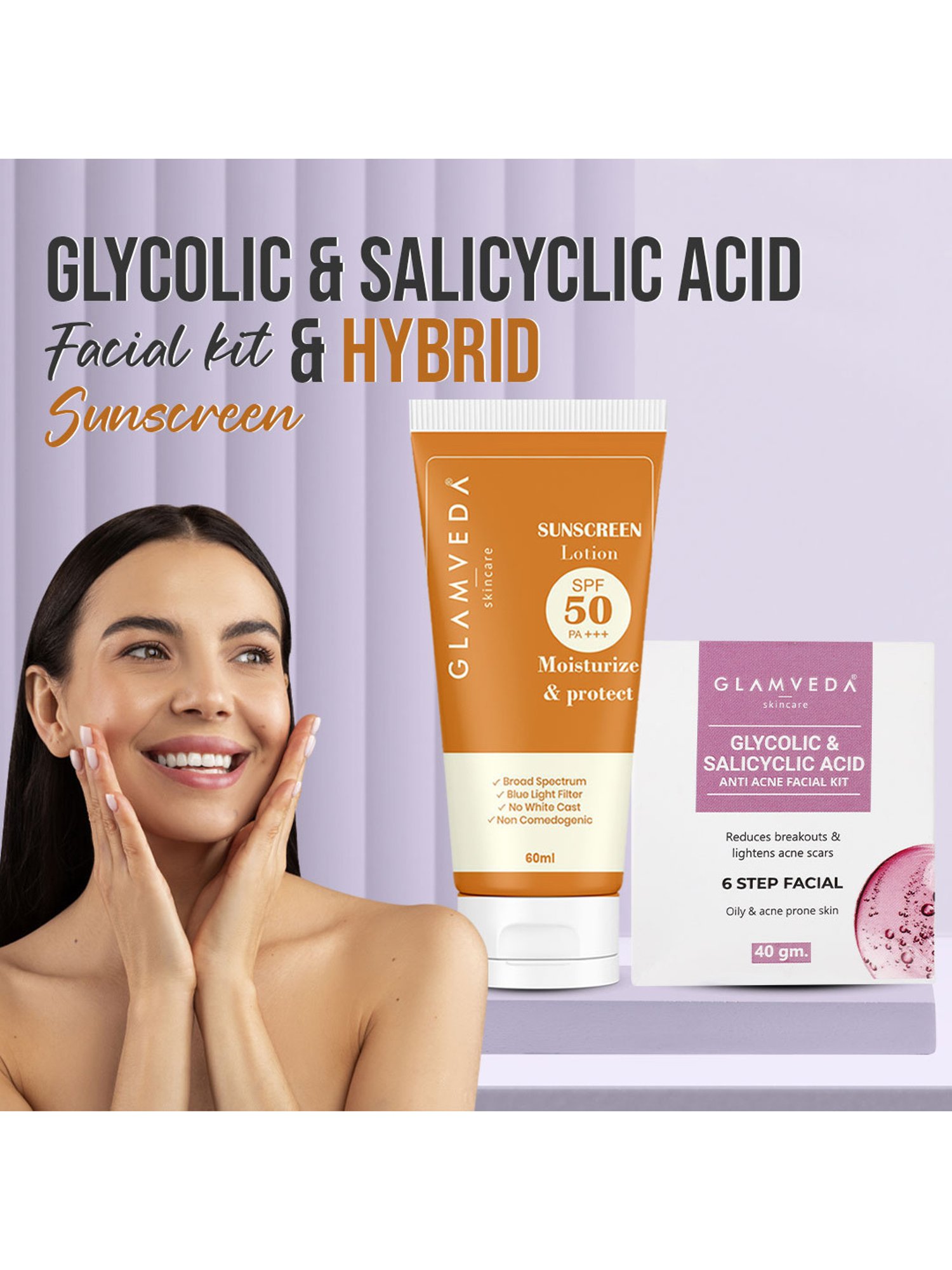 Glamveda Glycolic Acid & Salicylic Facial Kit & Hybrid Sunscreen Lotion SPF 50 PA+++ Combo