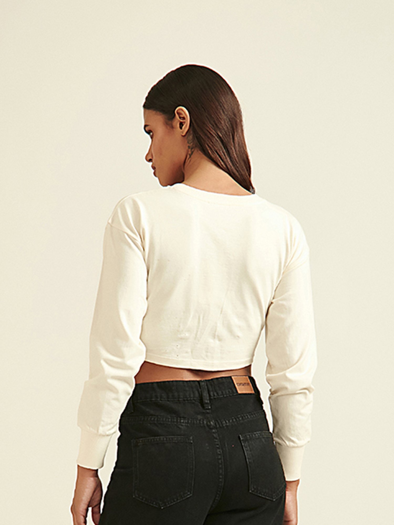 Cover Story Light Beige Embellished Crop Top