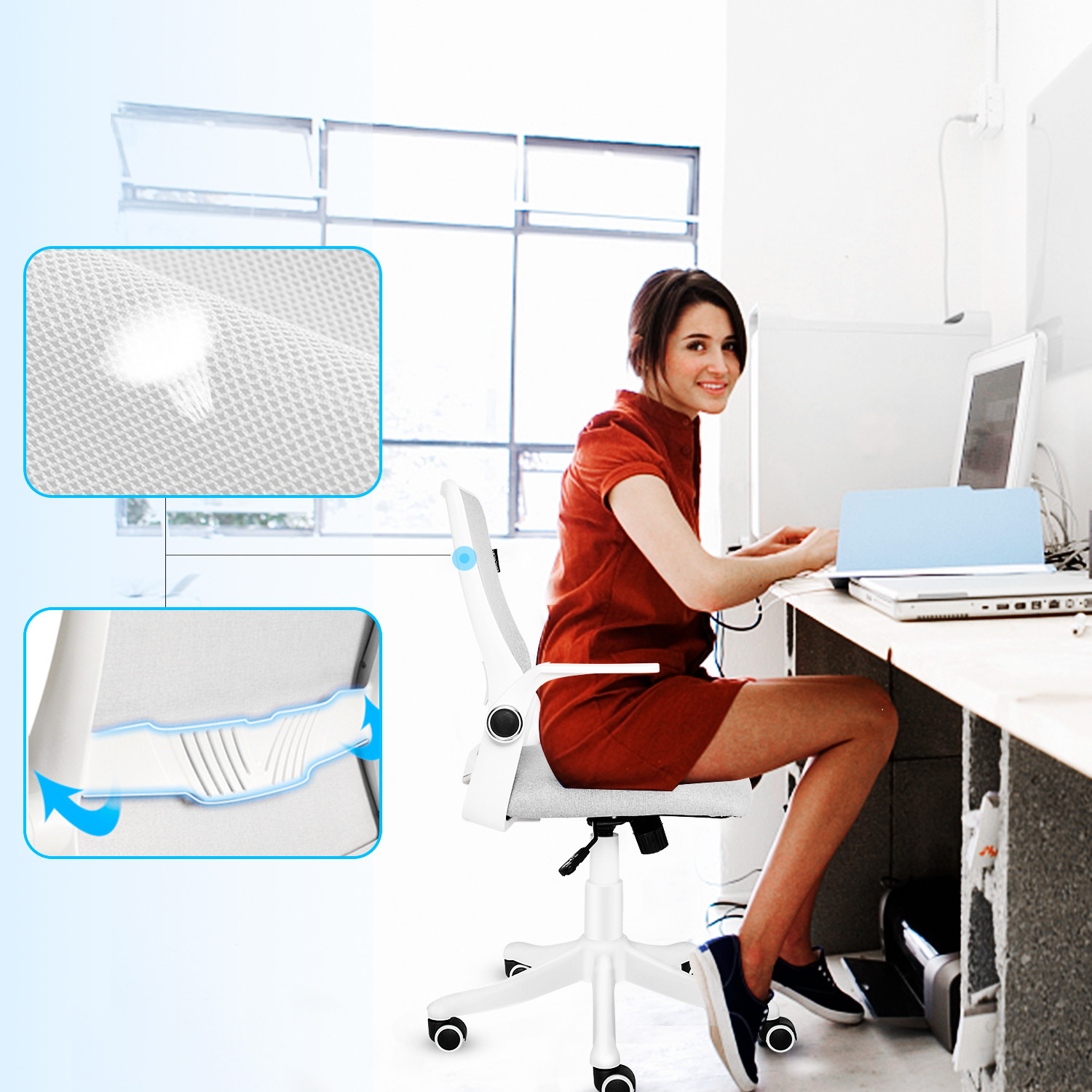 ELECWISH Office Chair Ergonomic Desk Chair Mid Back Office Computer Swivel Adjustable Rolling Task Chair Executive Chair with Flip up Armrests