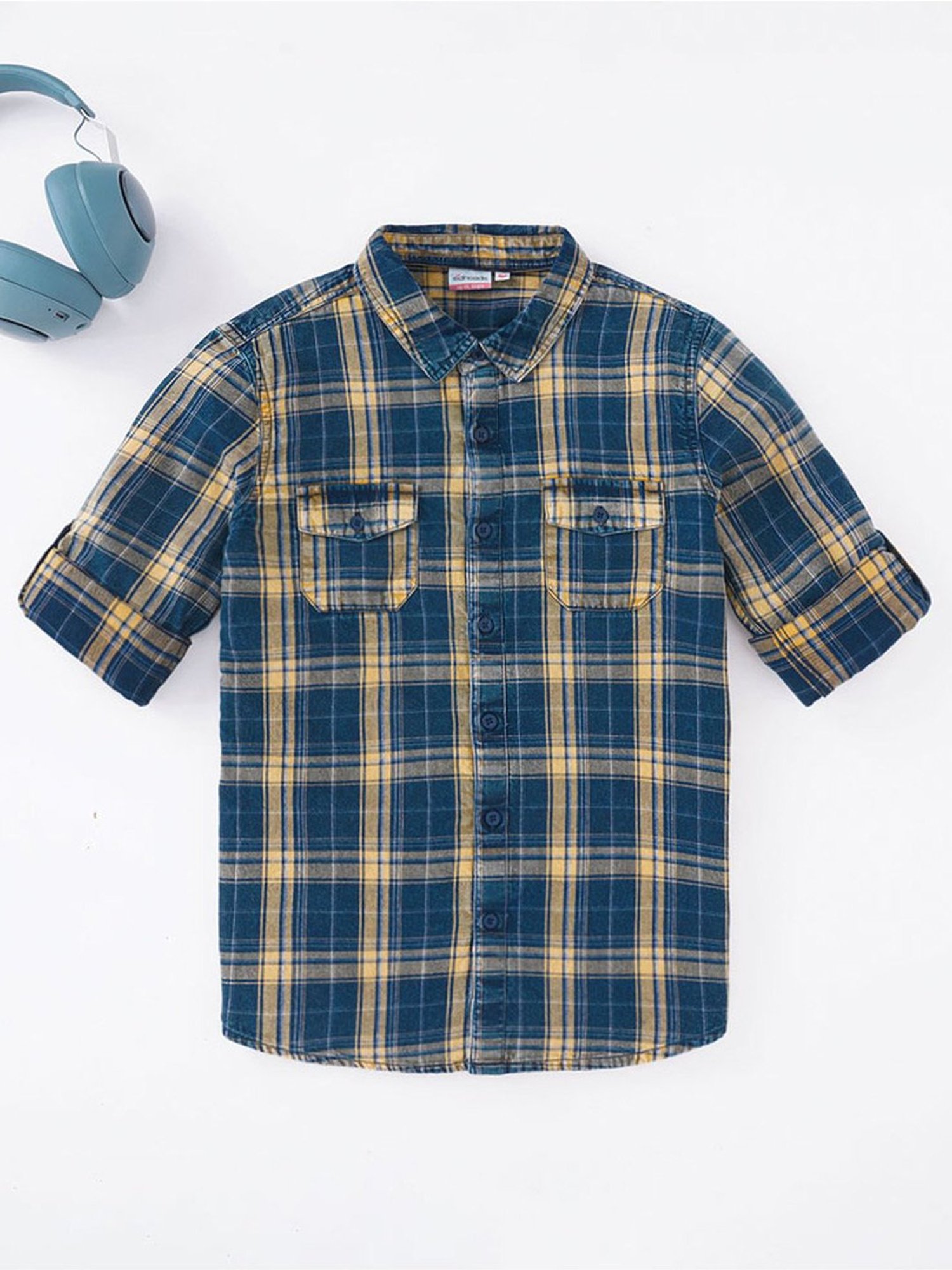 Edheads Kids Blue & Yellow Cotton Chequered Full Sleeves Shirt