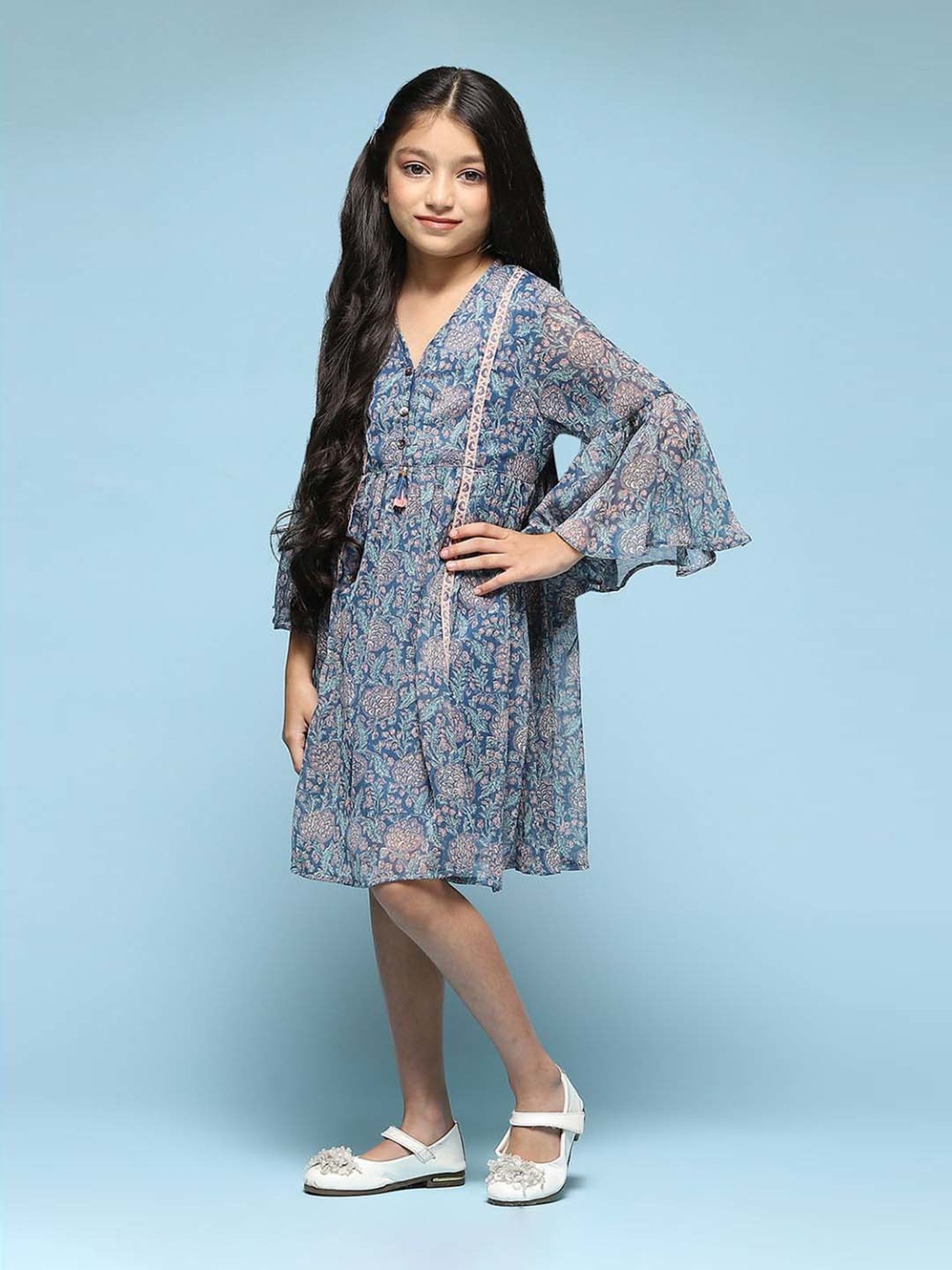 BIBA Girls Kids Blue Printed Full Sleeves Dress