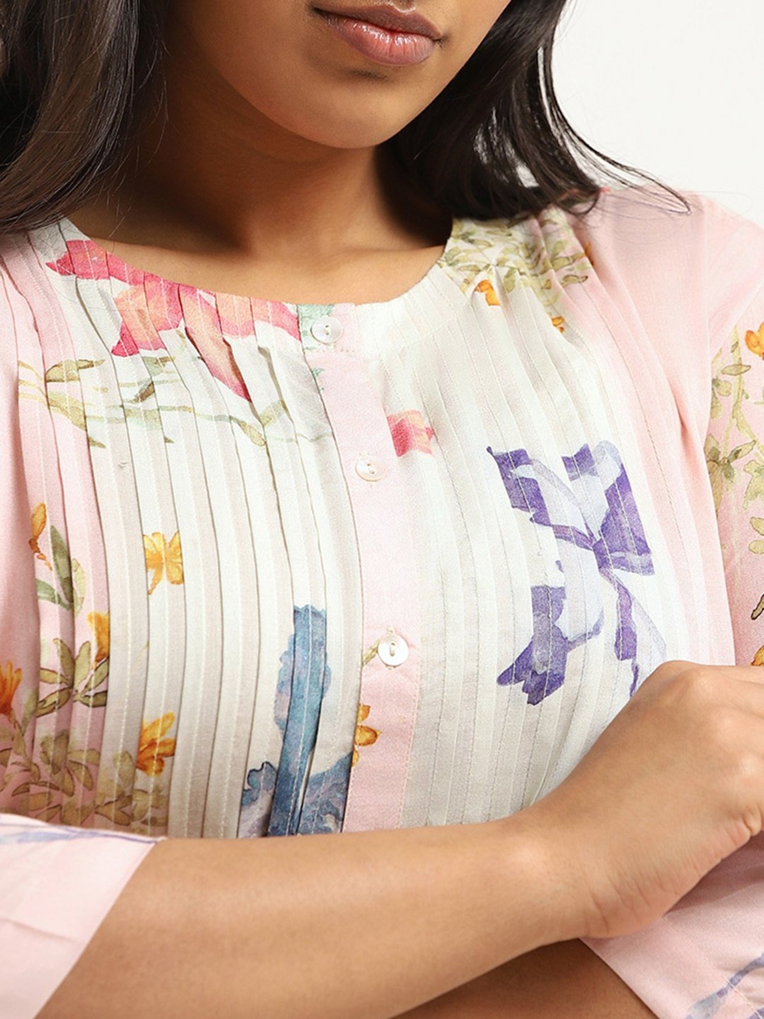 Diza by Westside Pink Floral Pintuck Cotton Kurta