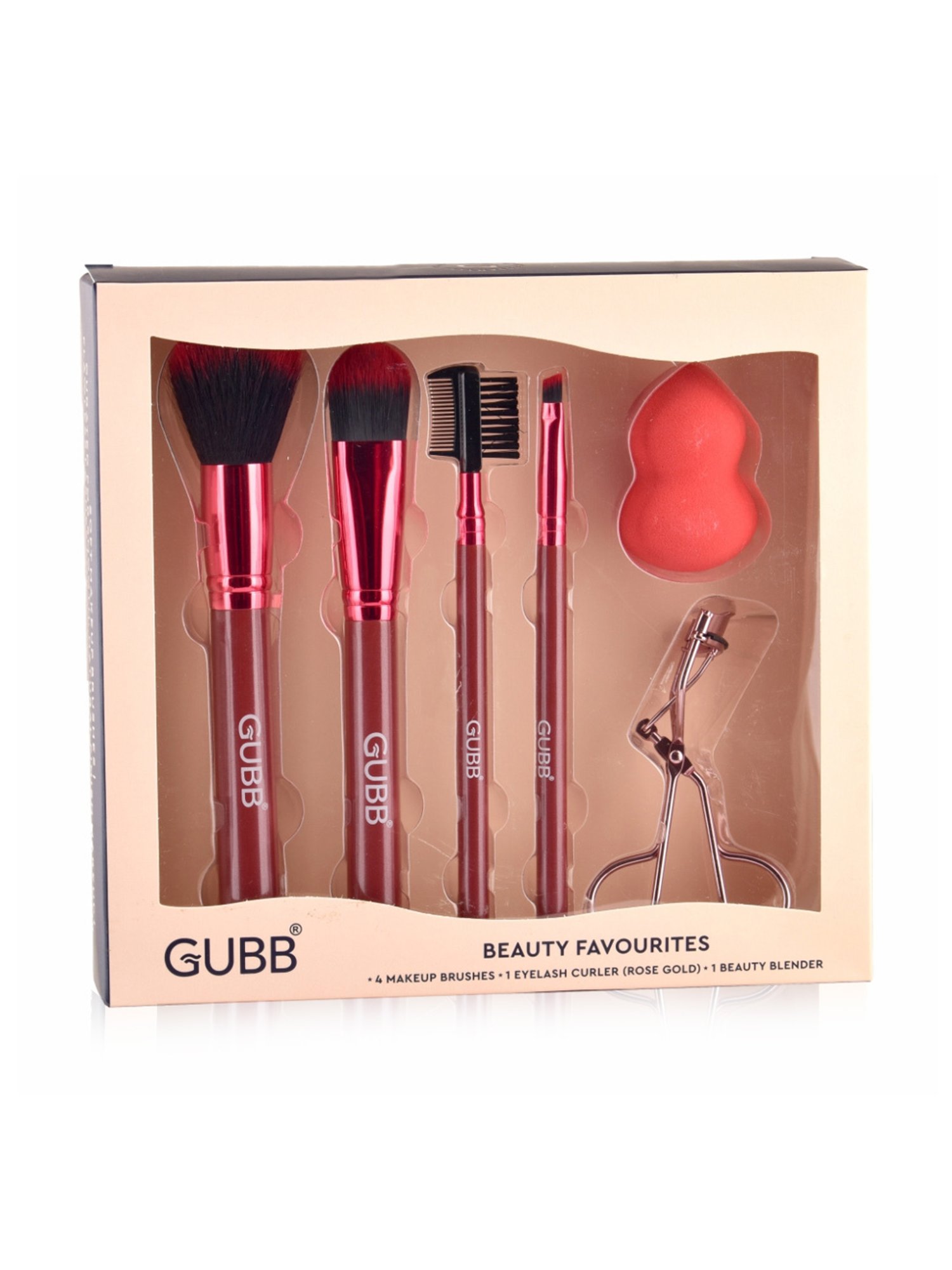 GUBB Beauty Kit - 4 Makeup Brushes with Eyelash Curler & Beauty Blender Makeup Sponge