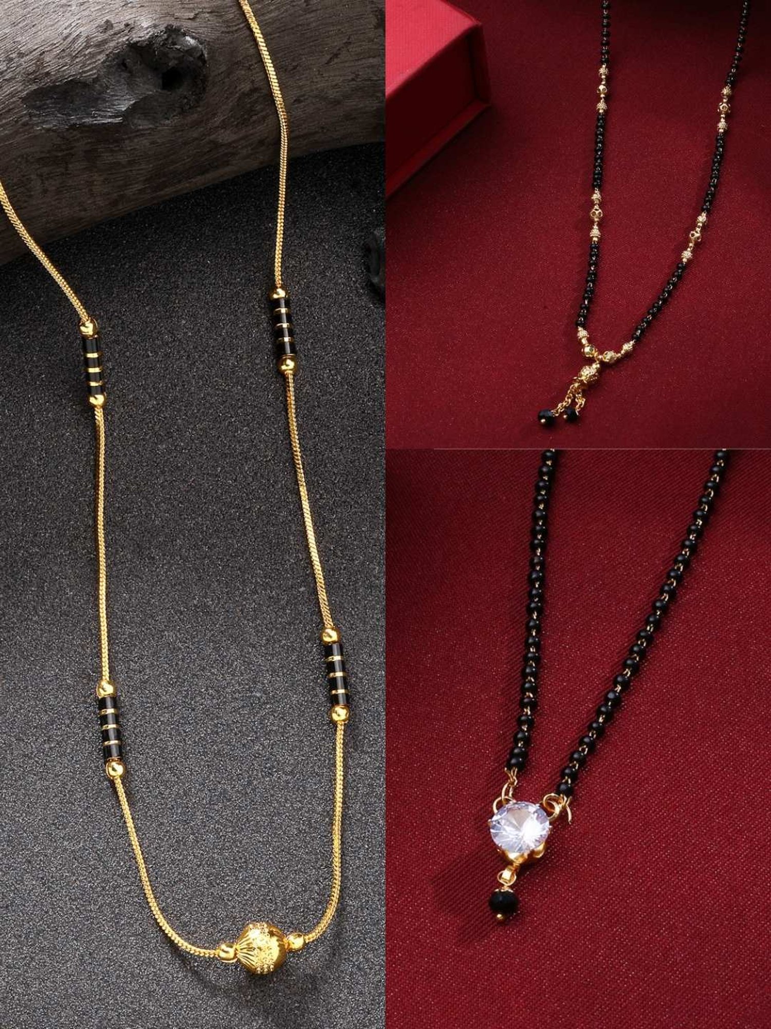 NVR Women's Gold-Plated CZ Stone-Studded & Beaded Mangalsutra - Set of 3