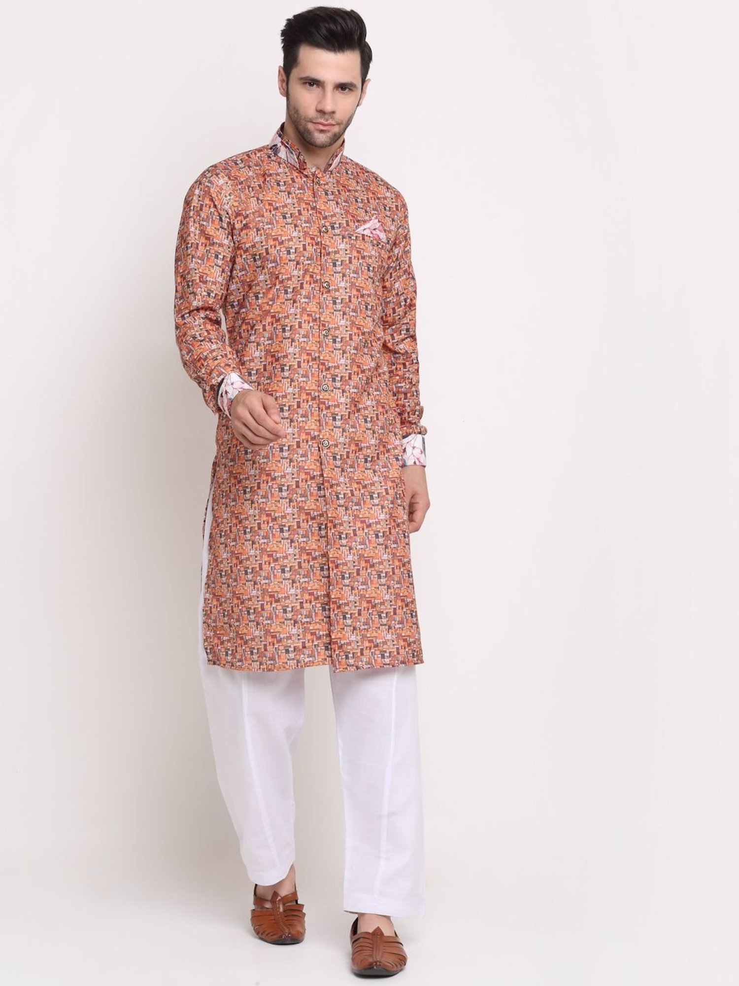 Benstoke Orange & Multi Cotton Regular Fit Printed Sherwani Set