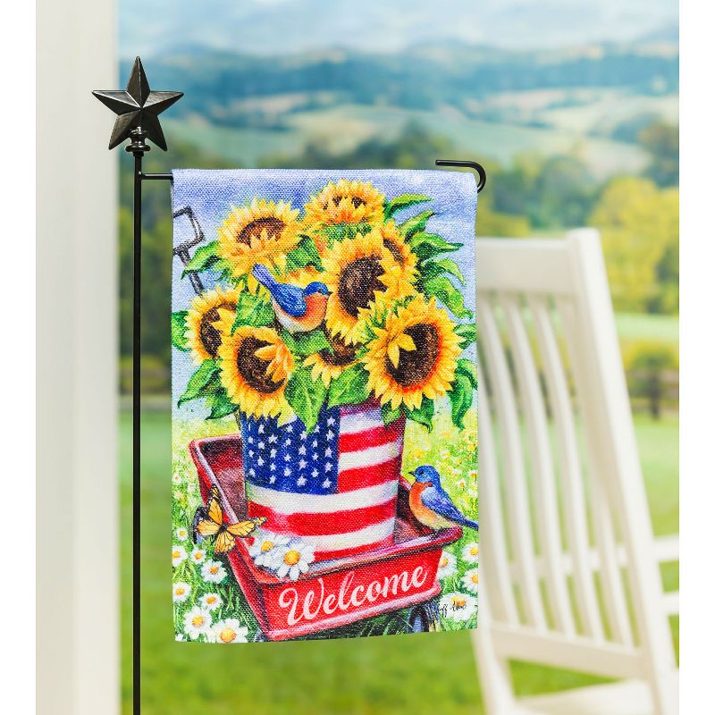 Evergreen Flag  Patriotic Sunflower Wagon  Garden Textured Suede Flag