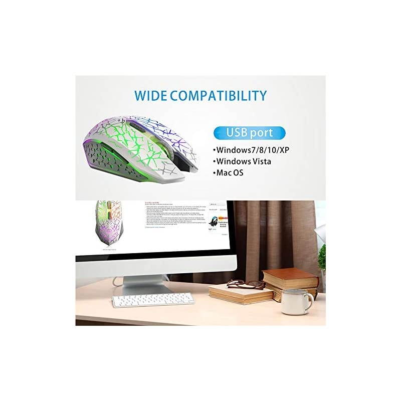 K6 Wireless Gaming Mouse Rechargeable Silent LED Optical Computer Mice with USB Receiver 3 Adjustable DPI Level and 6 Buttons Auto Sleeping Compatible LaptopPCNotebook White