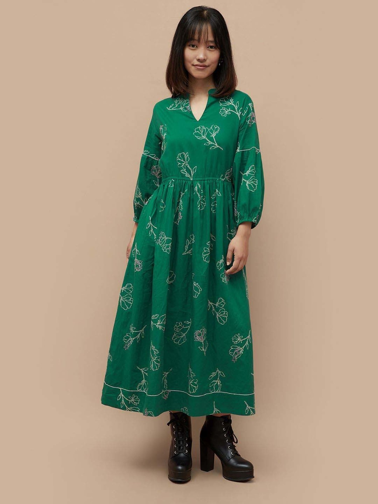 Colour Me by Melange Green Cotton Printed Maxi Dress