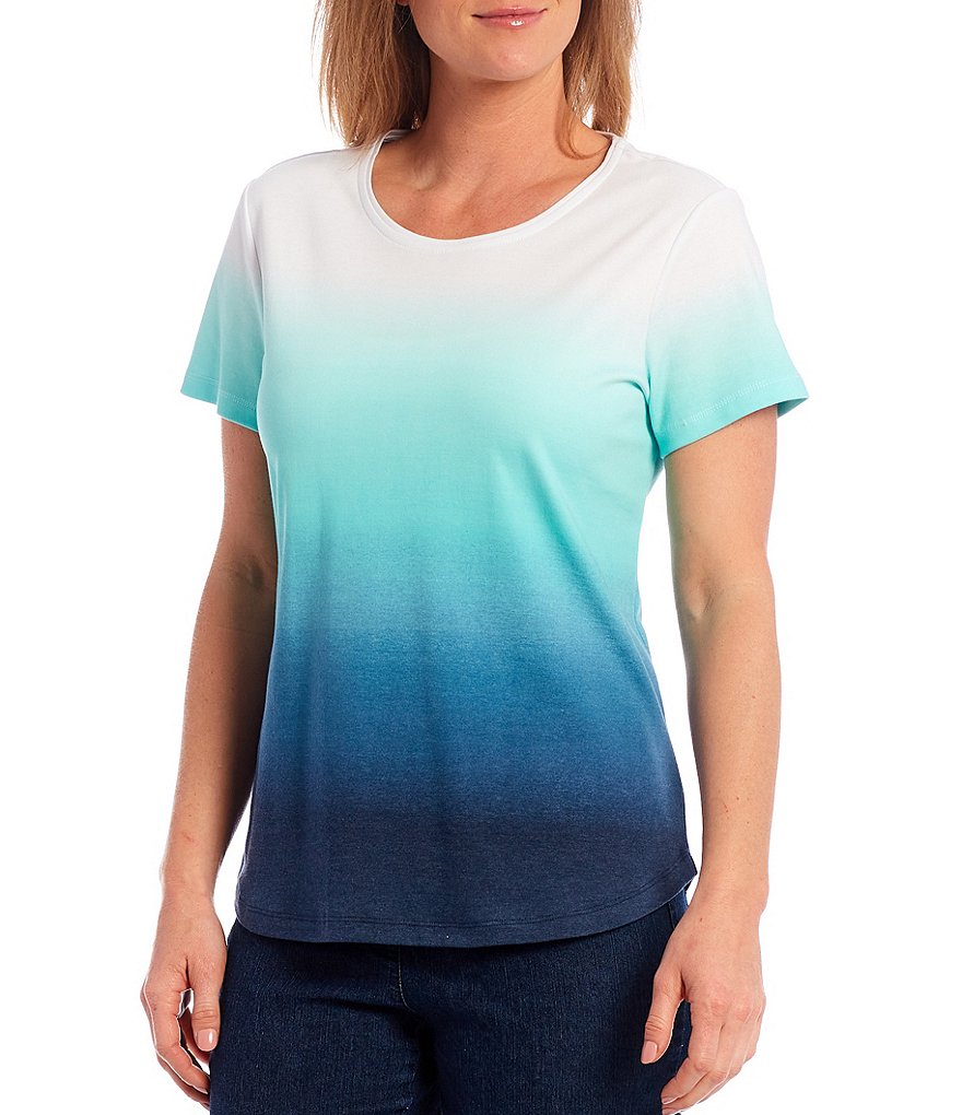 Allison Daley Petite Size Indigo Ombre Crew Neck Short Sleeve Top