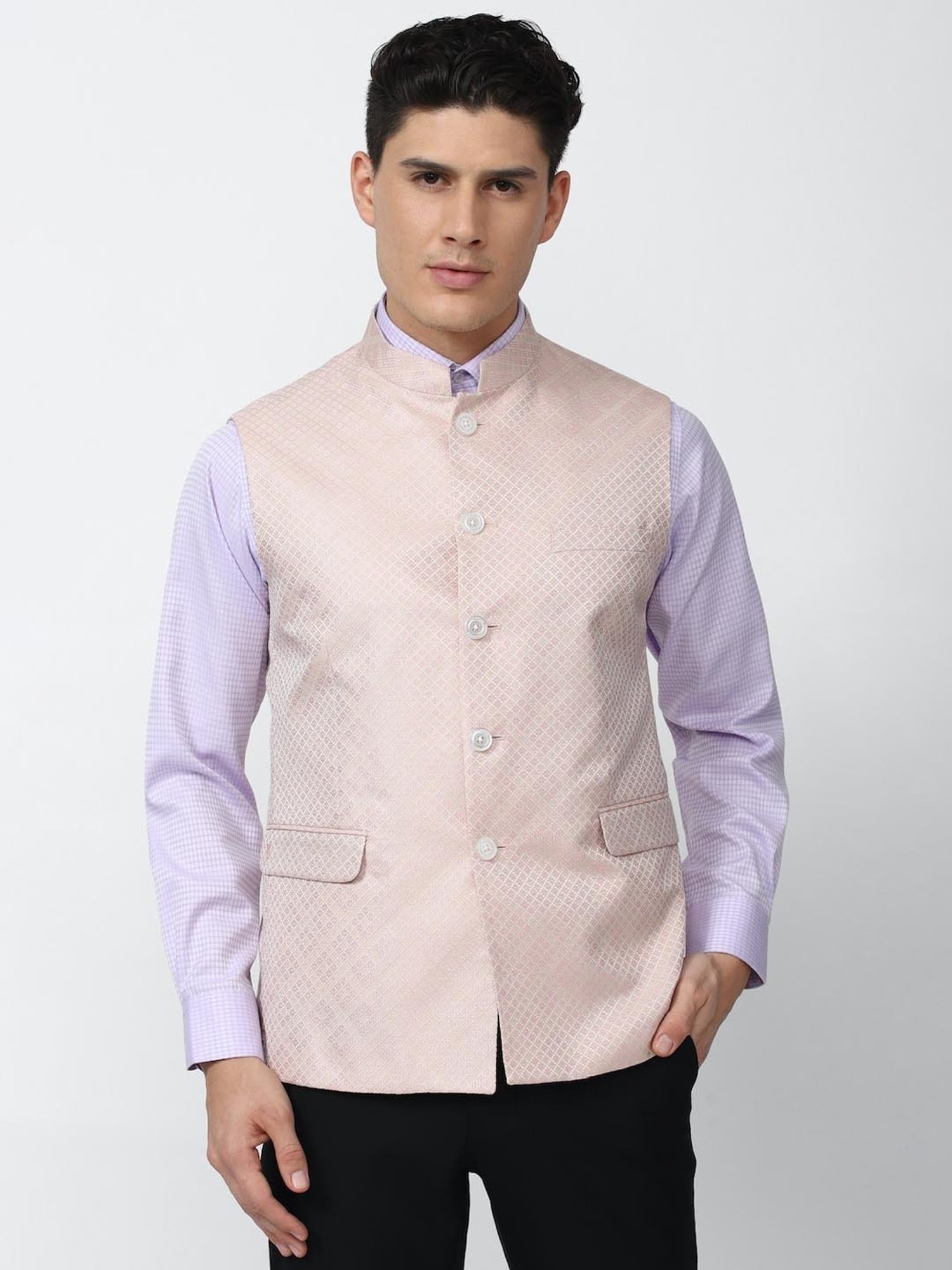 V Dot Pink Slim Fit Self Pattern Nehru Jacket