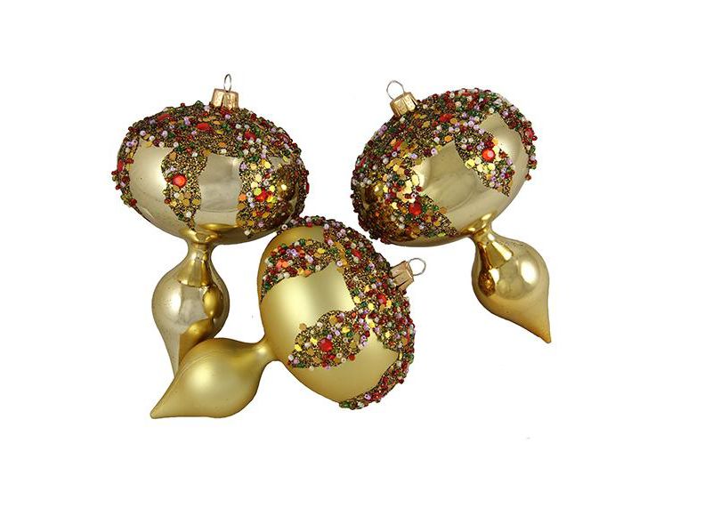 Barcana 3ct Glitter Sequin Beaded Shatterproof Christmas Finial Ornament Set 5" - Gold