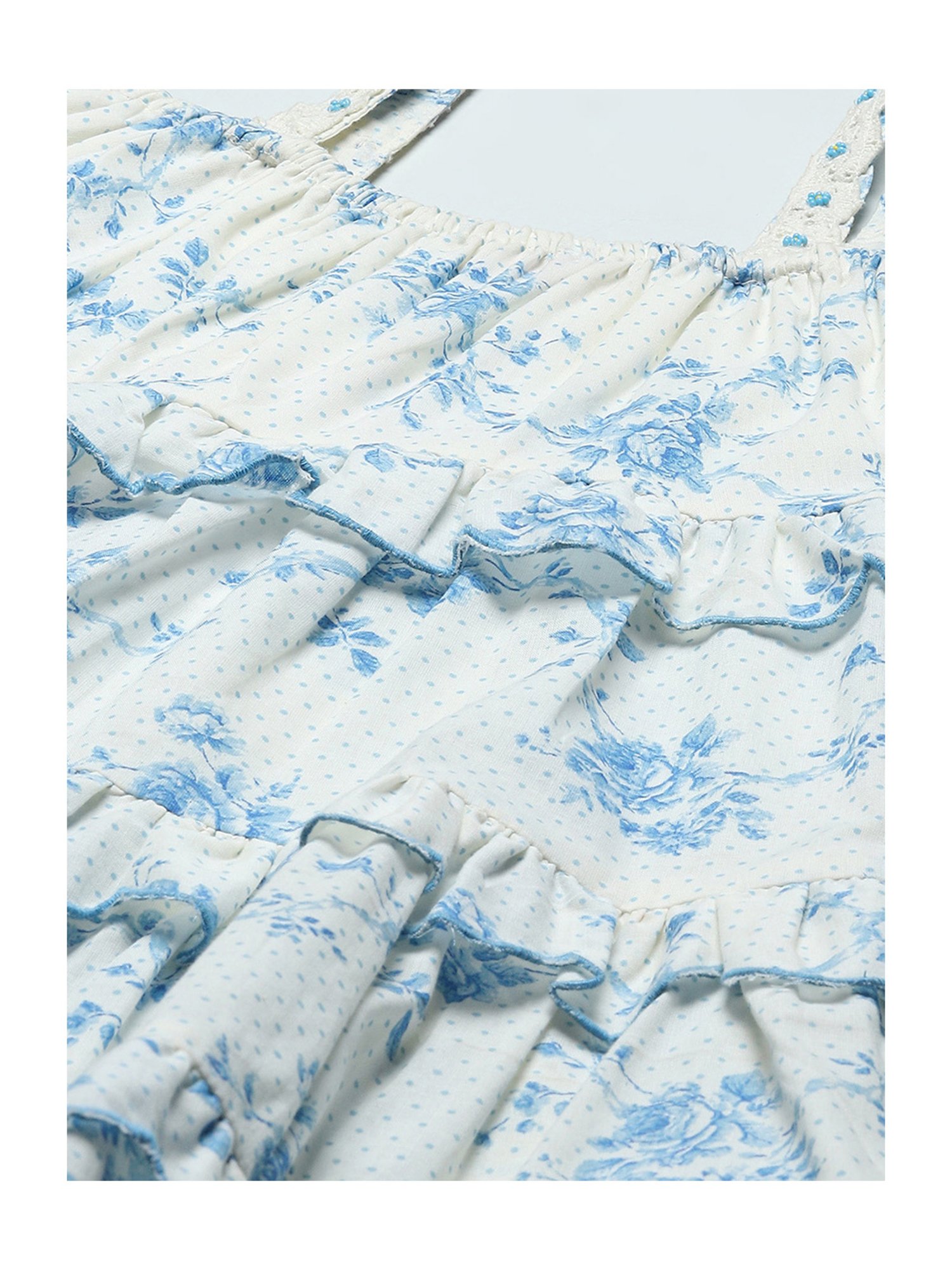 BIBA Girls White & Blue Floral Print Dress
