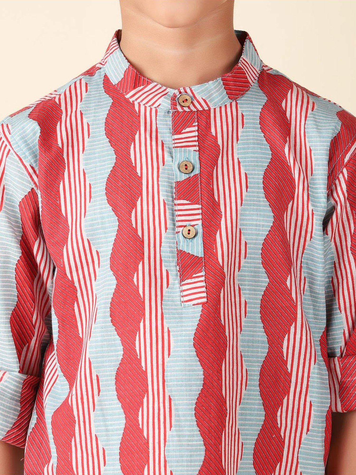 Fabindia Kids Red & Blue Cotton Printed Full Sleeves Kurta