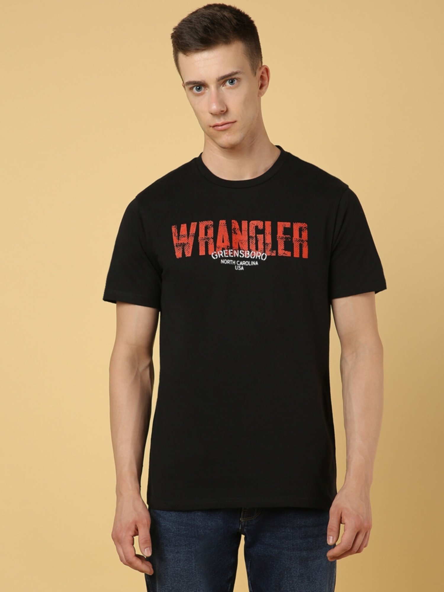 Wrangler Jet Black Cotton Regular Fit Printed T-Shirt