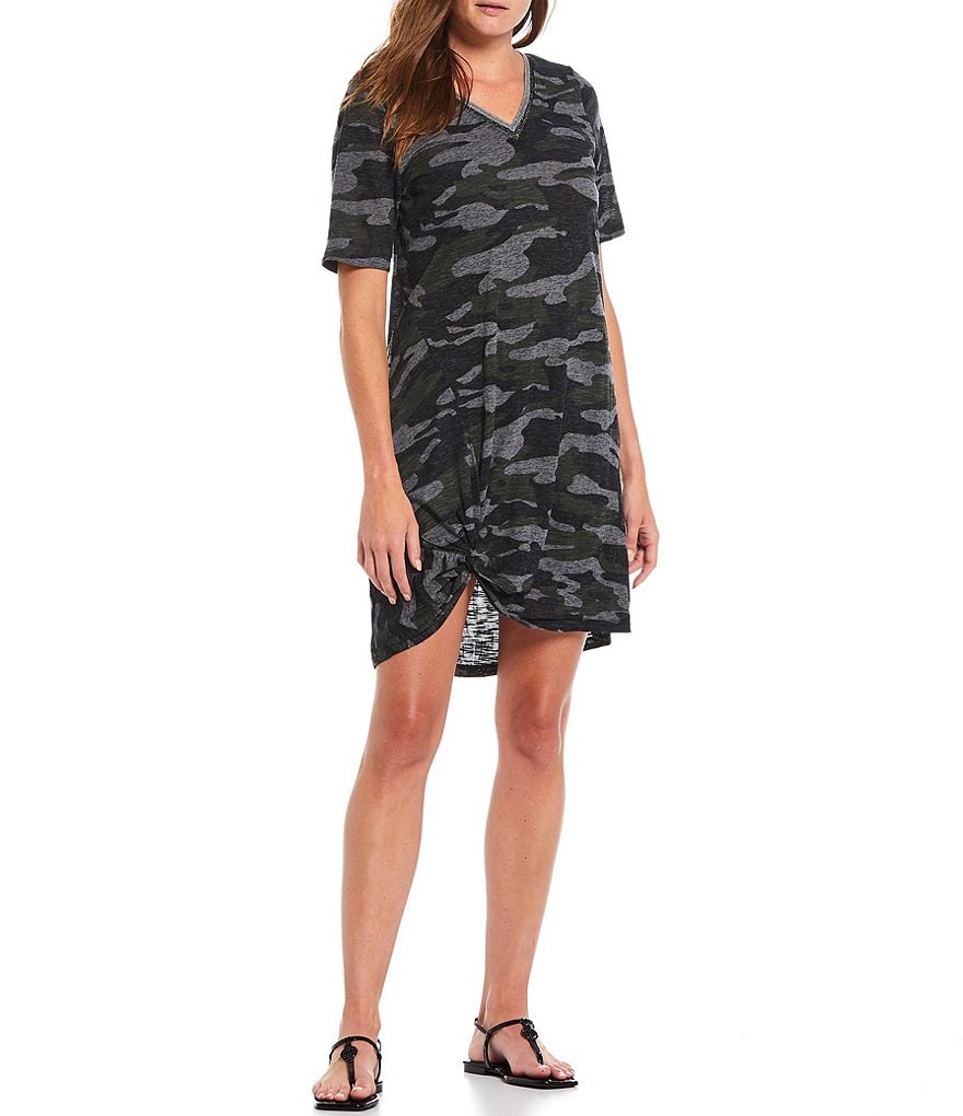 Democracy Camo Print Knit Jersey V-Neck Twist Hem Elbow Sleeve Dress