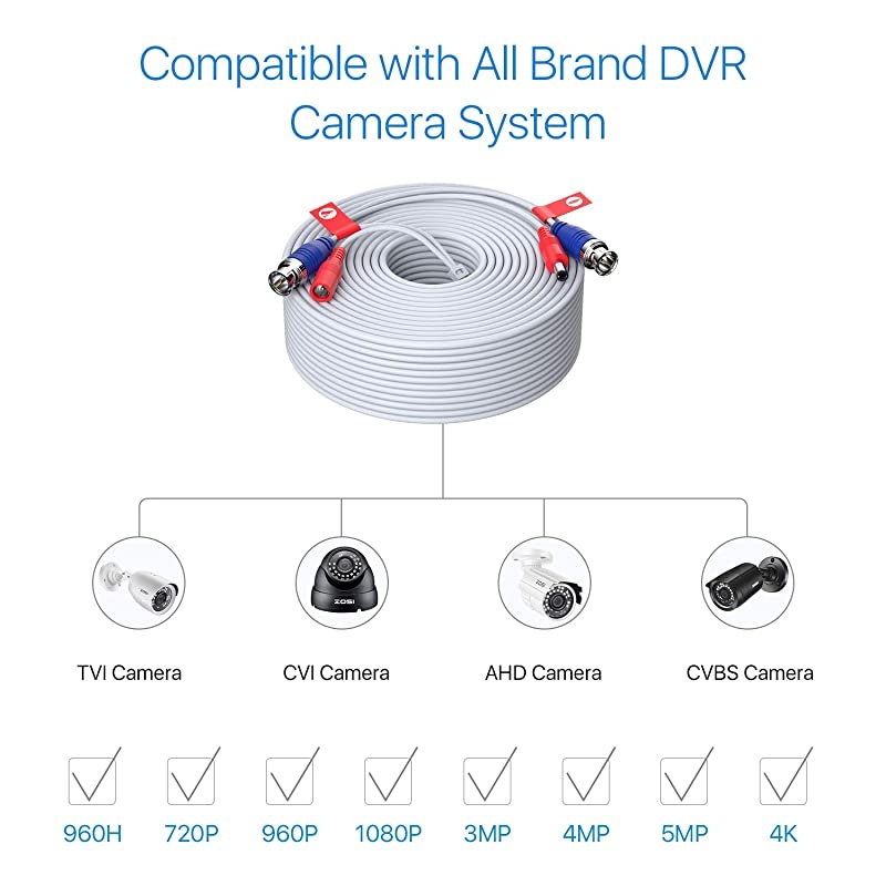 2 Pack 150ft 45 Meters AllinOne Video Power Cable BNC Extension Surveillance Camera Cables for Video Security DVR Camera Systems Included 2X BNC Connectors and 2X RCA AdaptersWhite Color