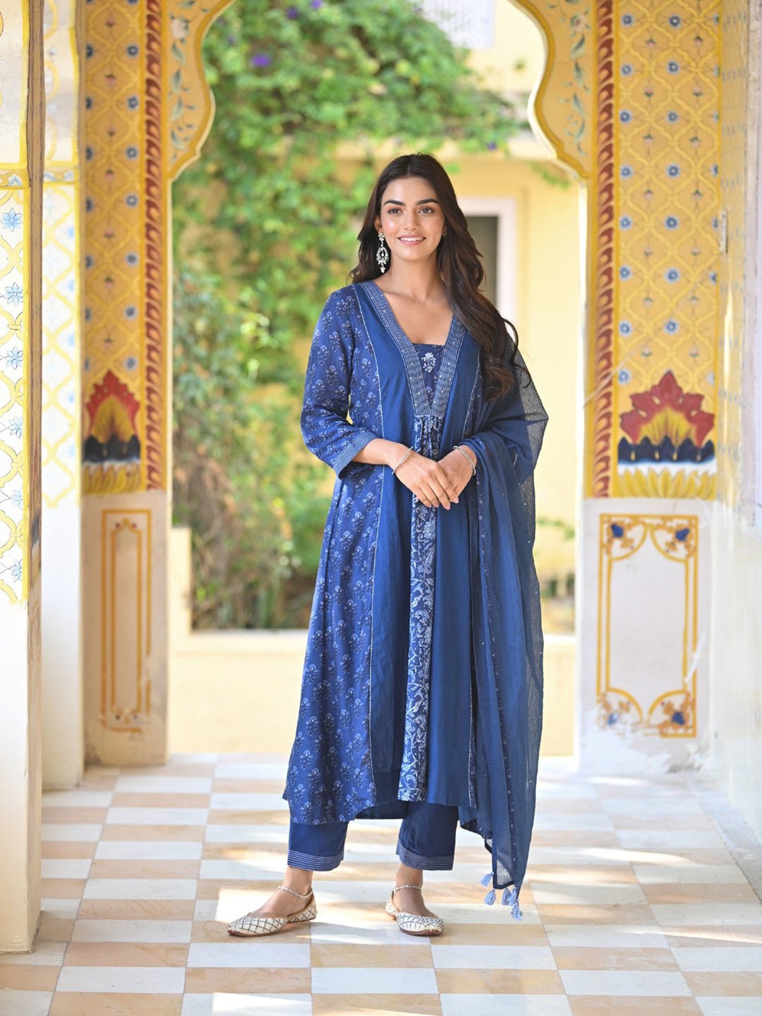 Mahee Jaipur Blue Indigo Block Panel Print Muslin Suit Set With Kota Doriya Dupatta