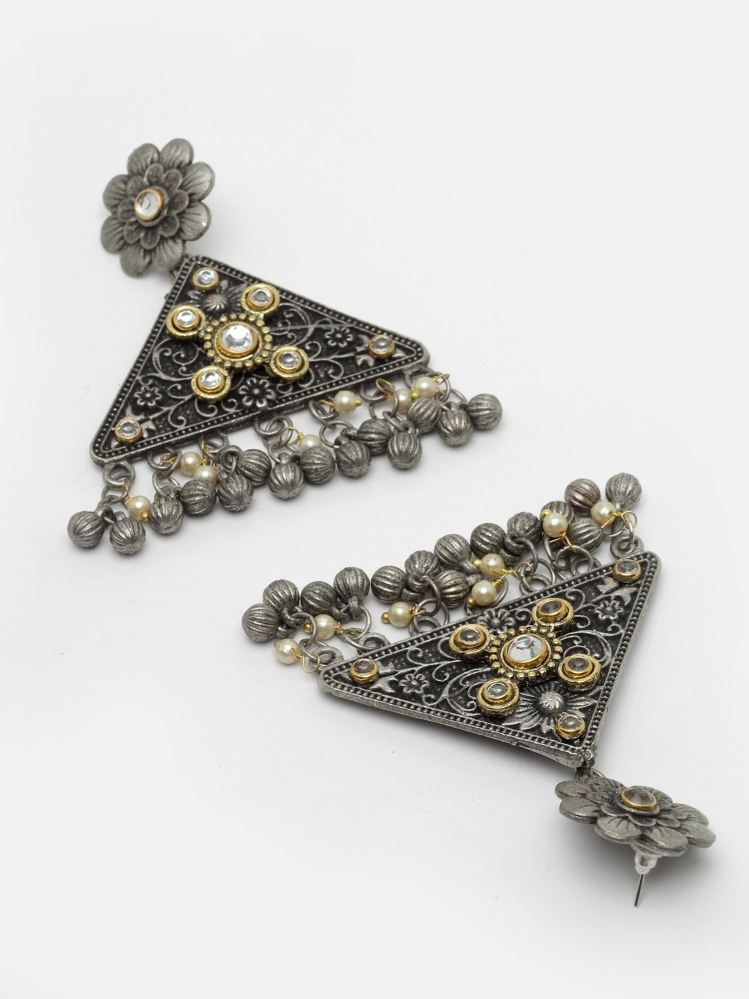 Moedbuille Kundan and Pearls Floral Design Oxidised Silver Plated Tribal Tasselled Earrings