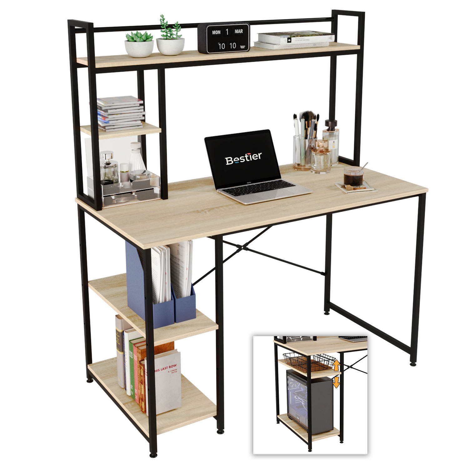 Bestier Computer Desk with Hutch and Shelves 47 Inch, Adjustable Storage Bookshelf Home Office Study Working Table Workstation for Small Space and Bedroom, Modern College Student Desks, Oak