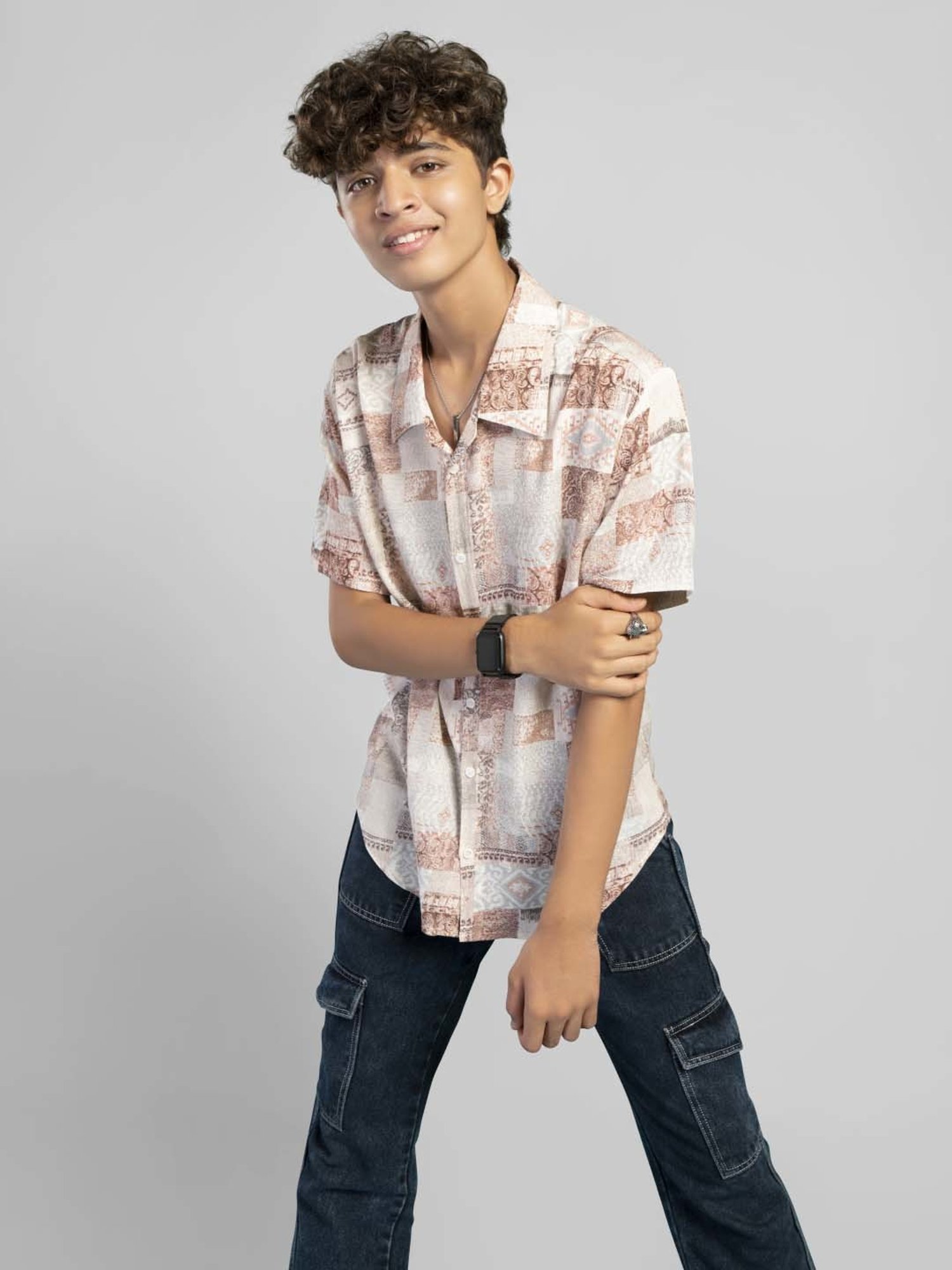 TeenTrums Kids Brown & White Cotton Printed Shirt