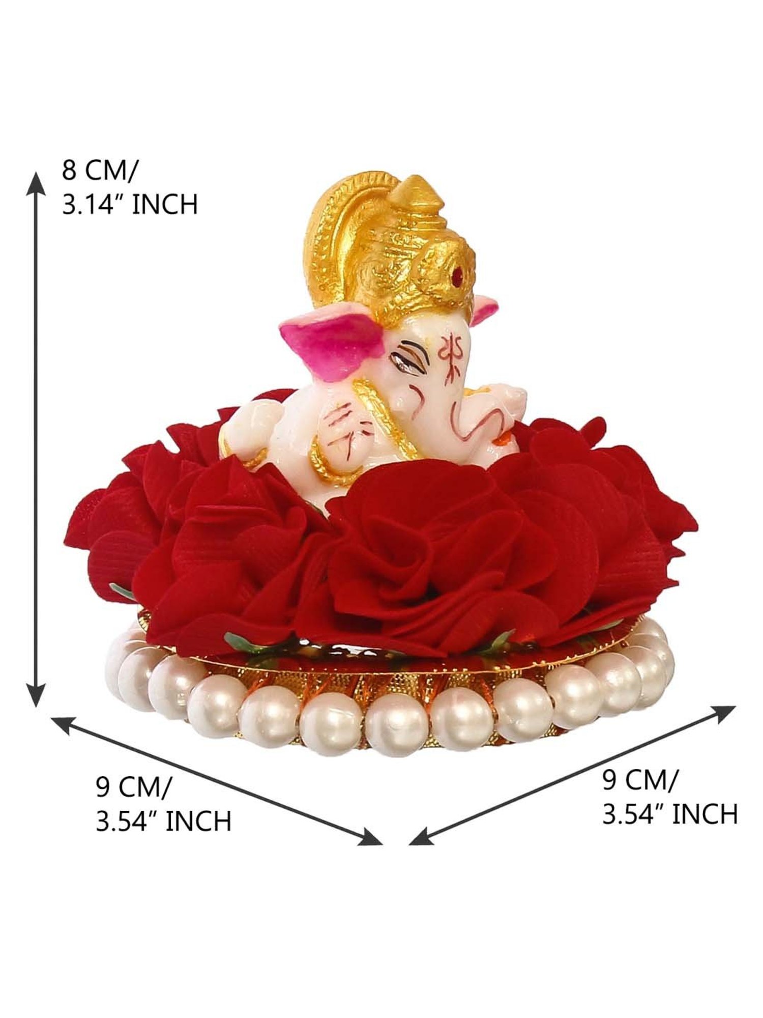 eCraftIndia Lord Ganesha Idol on Decorative Handcrafted Plate with Red Flowers